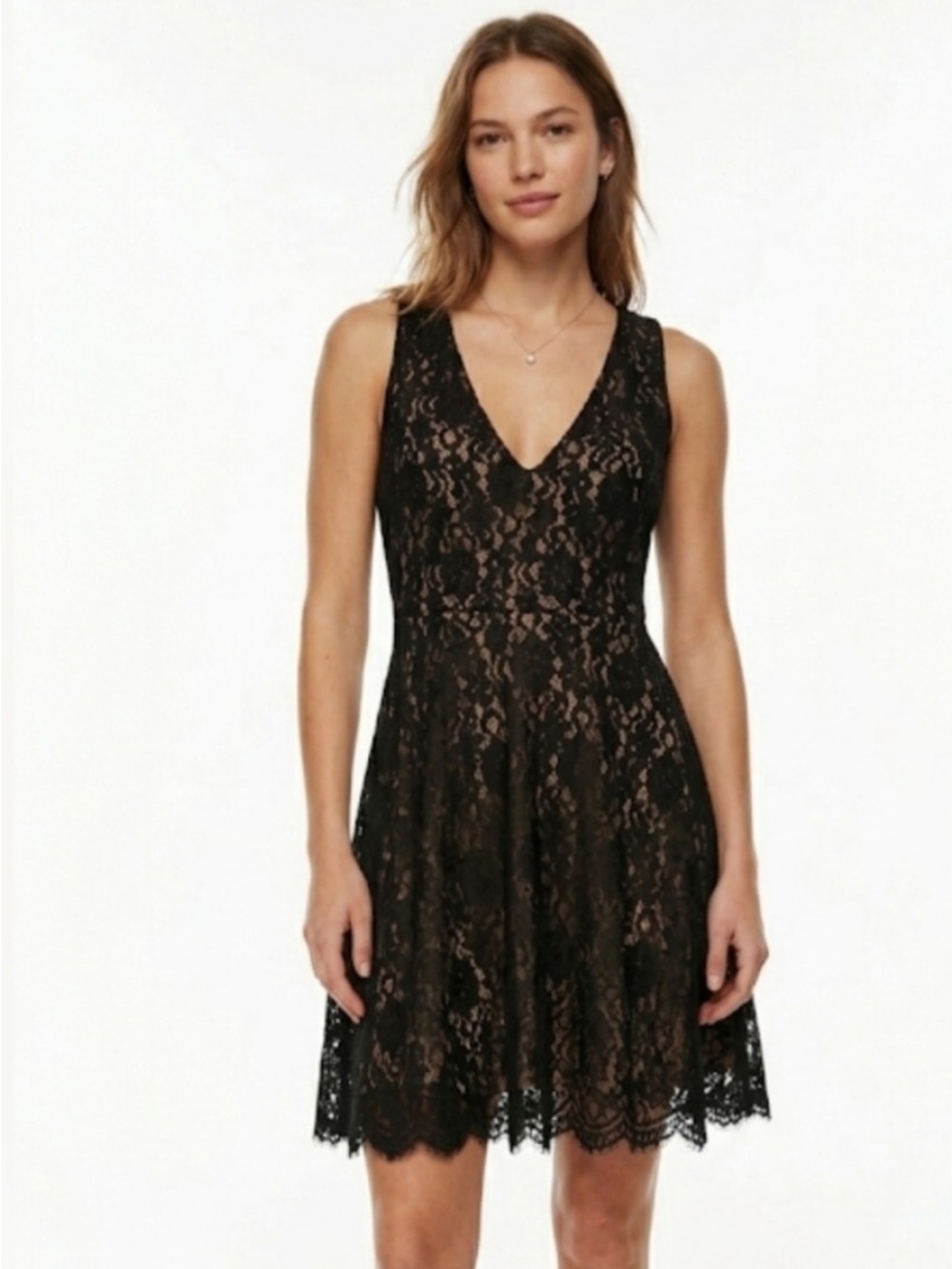 BCBGmaxazria Black Sleeveless V-neck Lace Fit Flare Nude Lining - size large